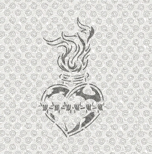 Decorative heart stencil with flames and barbed wire for use with airbrush tattooing.