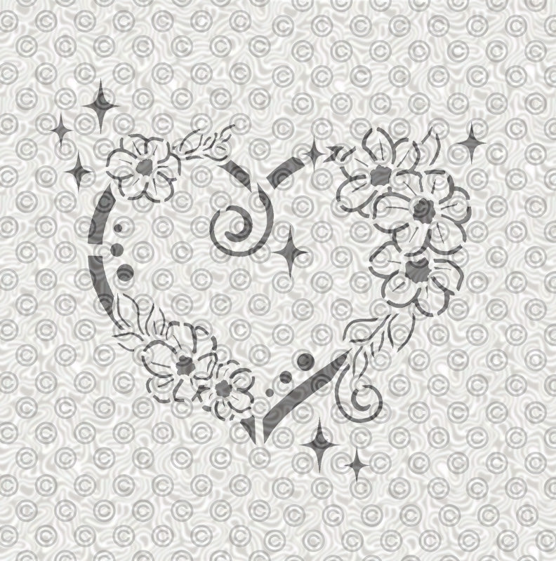 Stencil design of decorative heart with floral elements for airbrush tattoos.