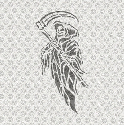 Stencil of a skeletal Grim Reaper with a scythe design for really cool airbrush tattoos.
