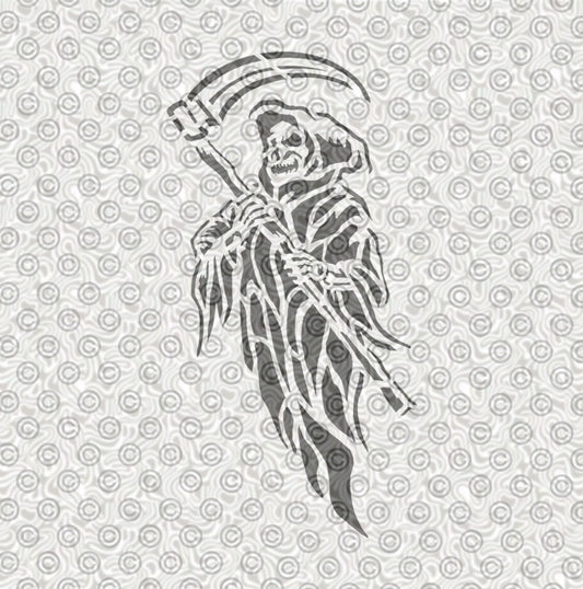 Stencil of a skeletal Grim Reaper with a scythe design for really cool airbrush tattoos.