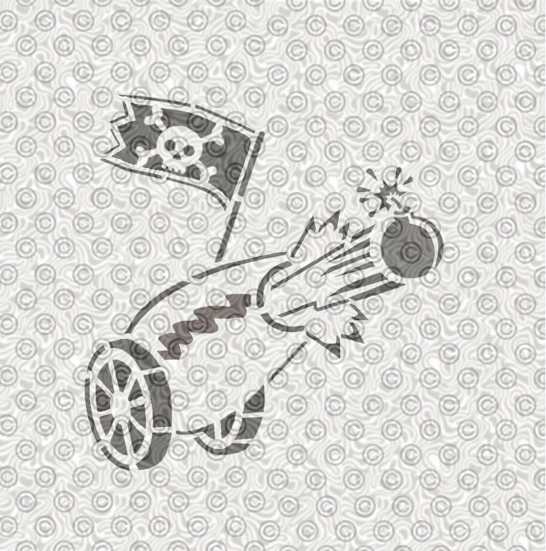 Stencil design featuring a cannon and pirate flag for use with airbrush tattoos.