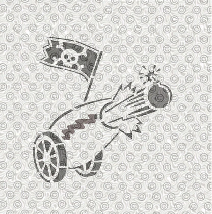 Stencil design featuring a cannon and pirate flag for use with airbrush tattoos.