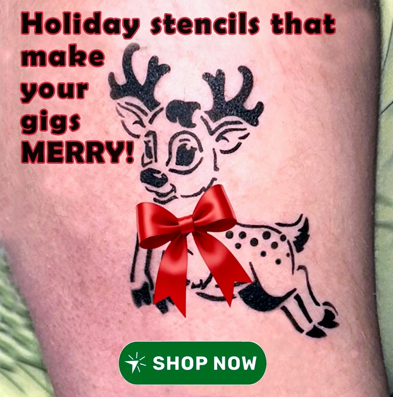 Cute holiday reindeer airbrush tattoo created by Hilt Airbrush Stencils.