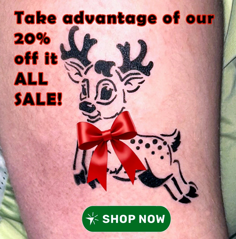 Tattoo of a reindeer created with a Hilt Airbrush Stencils product..