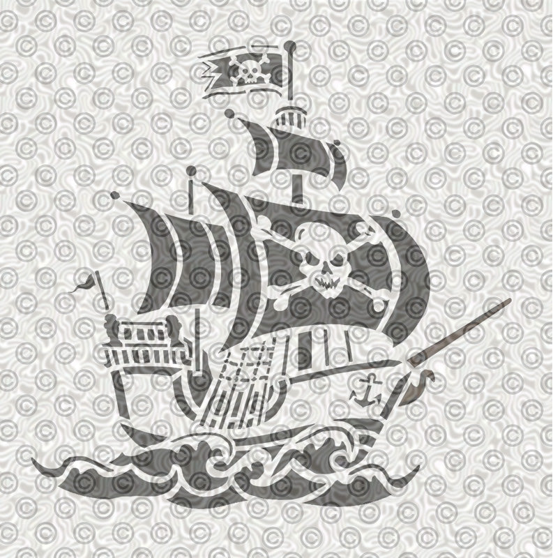 Pirate ship stencil design, with skull and crossbones flag sailing over waves.