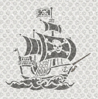 Pirate ship stencil design, with skull and crossbones flag sailing over waves.