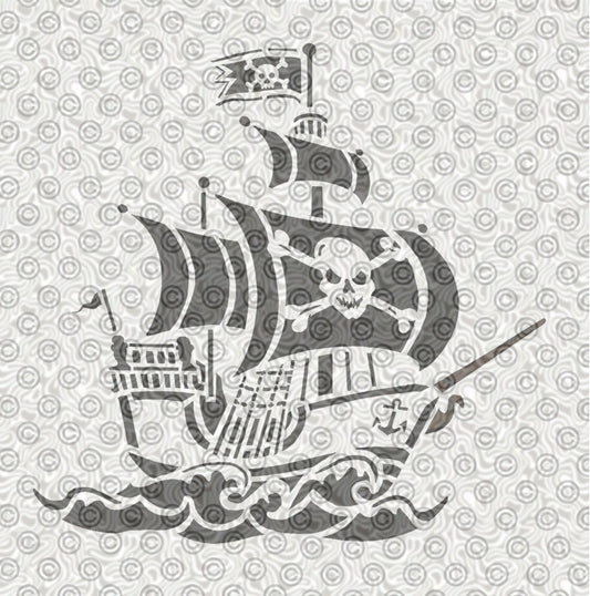 Pirate ship stencil design, with skull and crossbones flag sailing over waves.