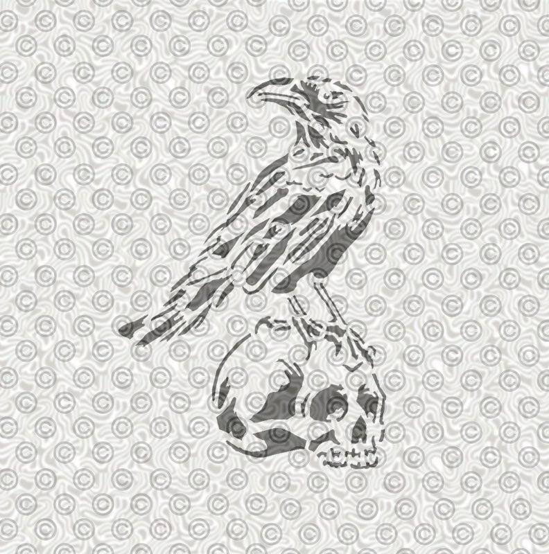 Stylized illustration of a raven perched on a skull 