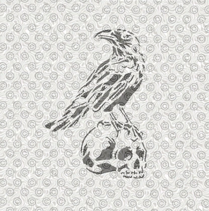 Stylized illustration of a raven perched on a skull 