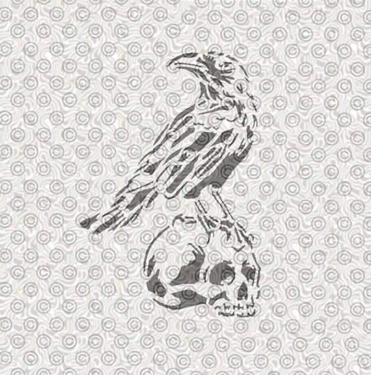 Stylized illustration of a raven perched on a skull 