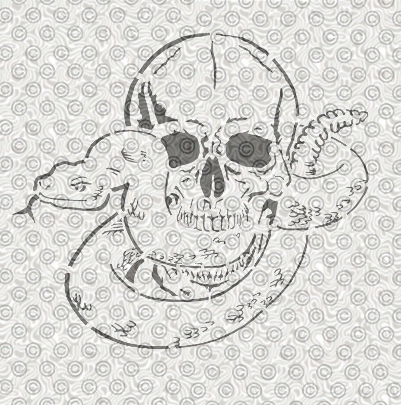 A airbrush stencil design of a snake slithering into a Skull.
