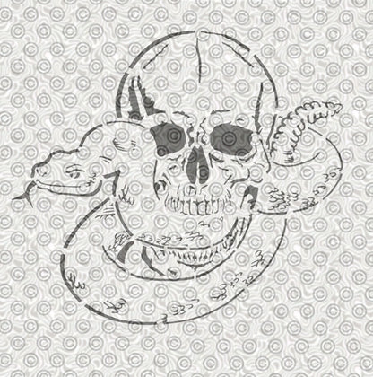 A airbrush stencil design of a snake slithering into a Skull.