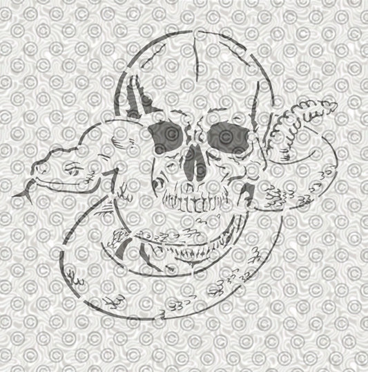 A airbrush stencil design of a snake slithering into a Skull.