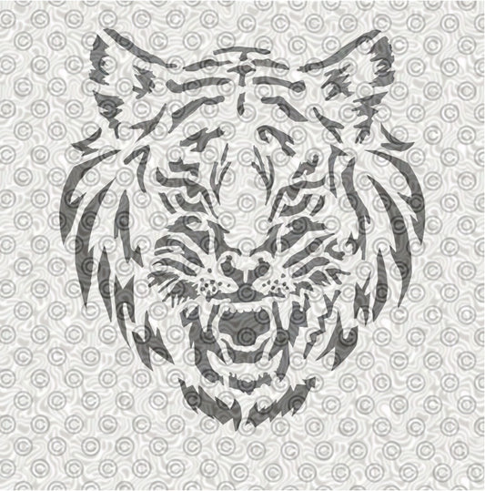 Stencil design of a tiger's head to be used for airbrushing or face painting.