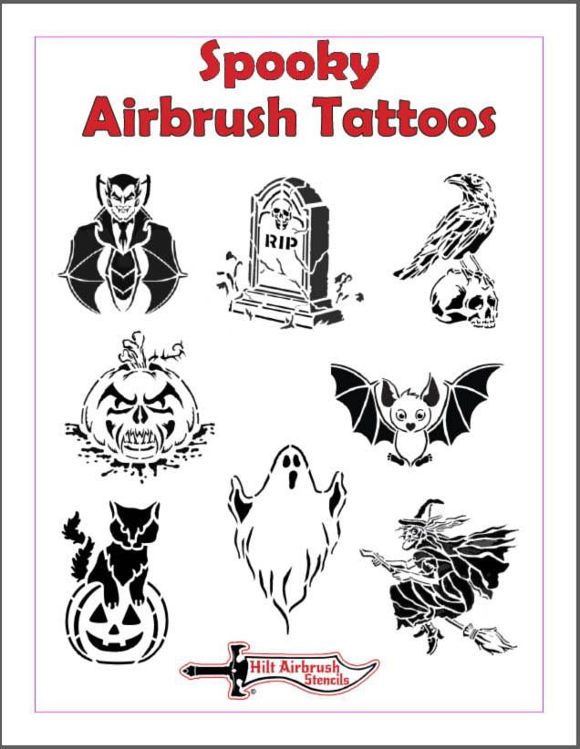 Collection of spooky airbrush stencil designs with Halloween-themed images