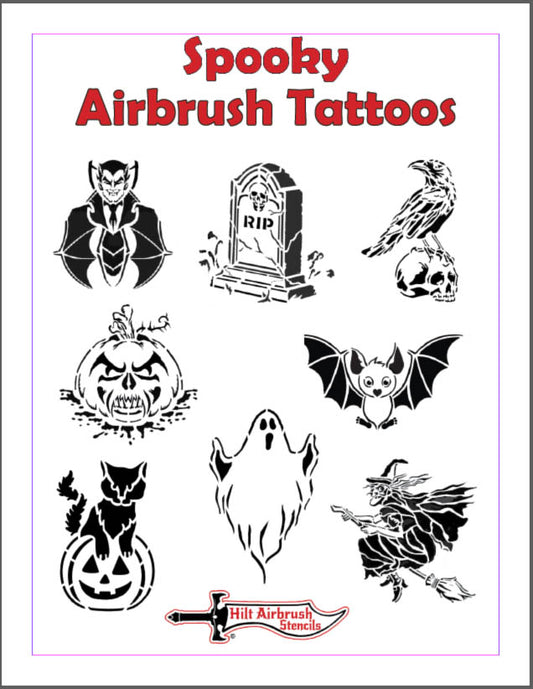 Collection of spooky airbrush stencil designs with Halloween-themed images