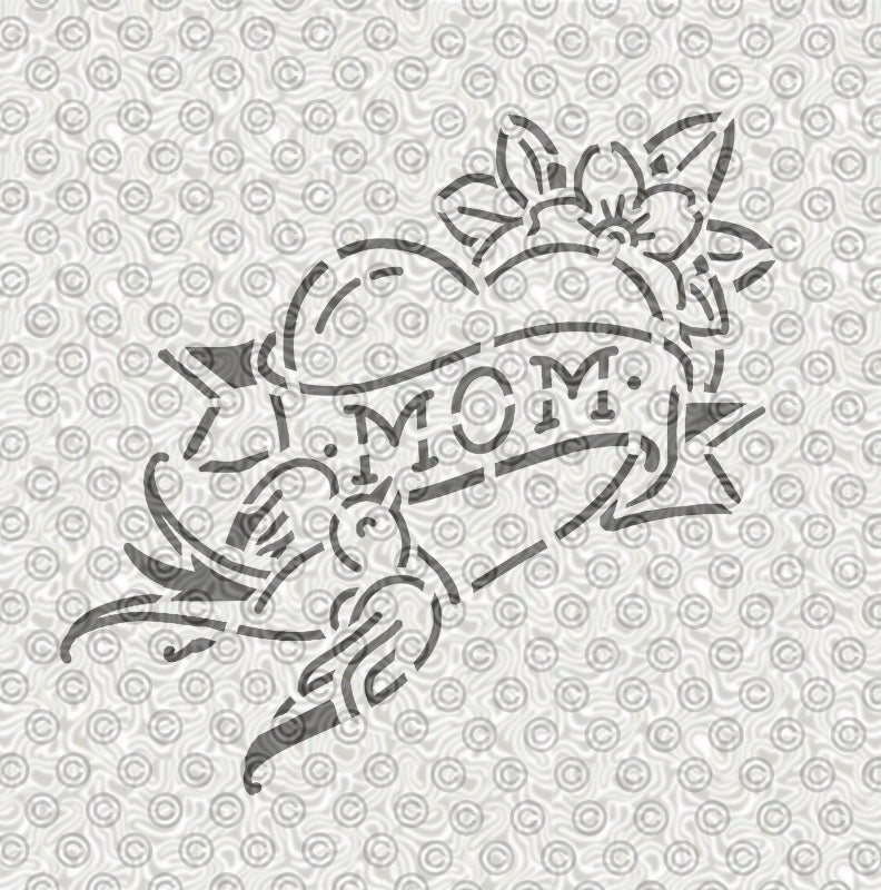 Stencil design of a classic tattoo style heart with 'Mom' and flying bird for face painting or airbrush tattoos.