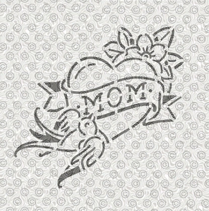 Stencil design of a classic tattoo style heart with 'Mom' and flying bird for face painting or airbrush tattoos.