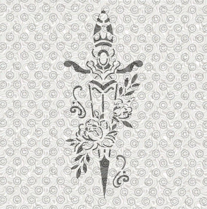 Traditional tattoo style sword stencil with decorative flowers for airbrush tattoos.