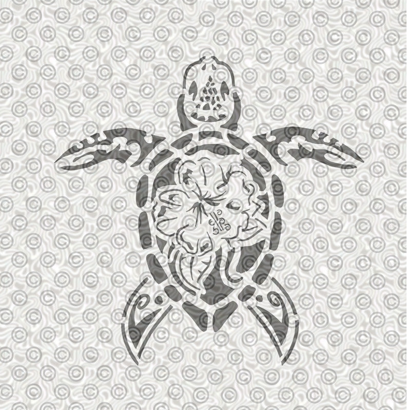 Stencil of tribal themed sea turtle design with hibiscus flower on shell.