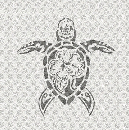 Stencil of tribal themed sea turtle design with hibiscus flower on shell.