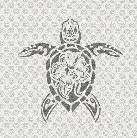 Stencil of tribal themed sea turtle design with hibiscus flower on shell.